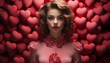 Pretty standing in front of red heart-shaped decorations wearing a pink dress. Romantic Celebration Valentine's Day AI Generated 