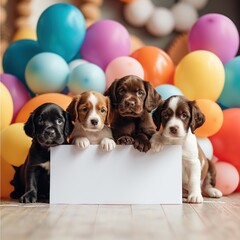 Cute puppies in birthday surrounded by balloons behind empty white bann