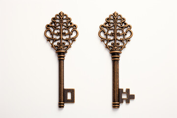 A vintage key with an ornate design, positioned on a white surface, creating a timeless and easily extracted image suitable for concepts related to access and security.