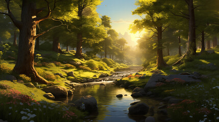 Enchanted Spring Morning: Gentle Stream Through a Blooming Forest, Generative AI illustration