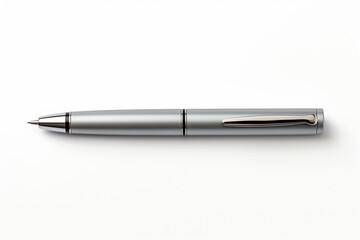 A sleek and modern silver pen with a metallic finish, lying flat on a white background, offering a minimalist and easily extracted image for use in writing or office-related design