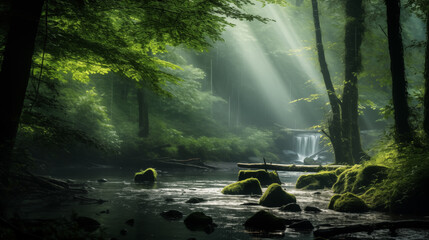 Enchanted Spring Morning: Gentle Stream Through a Blooming Forest, Generative AI illustration