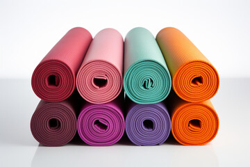 A set of colorful yoga mats rolled up neatly on a white surface, providing a serene and easily isolated image for use in fitness, wellness, or lifestyle concepts.