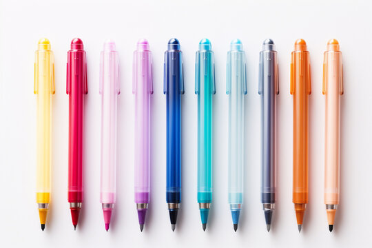 A set of colorful gel pens in various shades, arranged on a white surface, creating a vibrant and easily extracted image for use in writing, stationery, or creative designs.