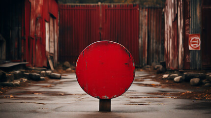 Urban background, red blank sign in abandoned area
