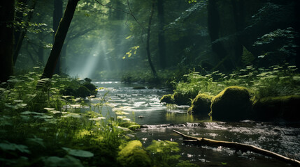 Enchanted Spring Morning: Gentle Stream Through a Blooming Forest, Generative AI illustration