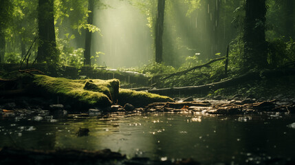 Enchanted Spring Morning: Gentle Stream Through a Blooming Forest, Generative AI illustration