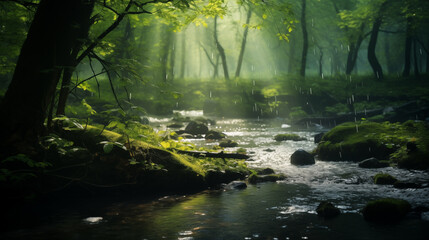 Enchanted Spring Morning: Gentle Stream Through a Blooming Forest, Generative AI illustration