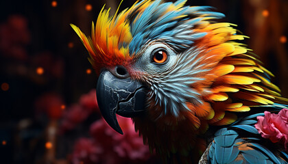 Majestic macaw perching on branch, looking at camera in forest generated by AI