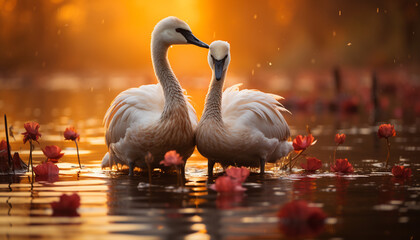 Tranquil swan reflects elegance in nature beauty at sunset generated by AI