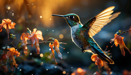 Hummingbird flying, vibrant colors, spread wings, beauty in nature generated by AI