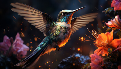 Hummingbird flying, vibrant colors, nature beauty illuminated in motion generated by AI
