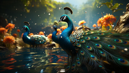 Majestic peacock dances in vibrant nature, displaying elegance and beauty generated by AI - obrazy, fototapety, plakaty