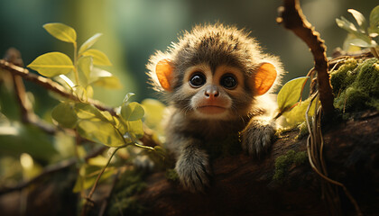 Cute small monkey sitting on branch, looking at camera generated by AI - obrazy, fototapety, plakaty