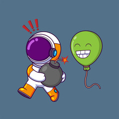 Astronaut running and holding a bomb with a lit fuse in his hands. Science Technology Icon Concept