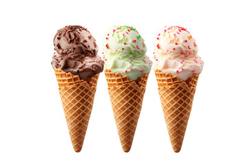 ice cream cones isolated on white, pistachio strawberry and chocolate 