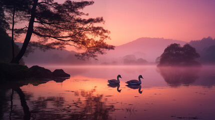 Serene Dawn on Swan Lake: Springtime Reflections, Generative AI illustration