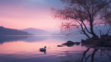 Serene Dawn on Swan Lake: Springtime Reflections, Generative AI illustration