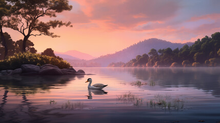 Serene Dawn on Swan Lake: Springtime Reflections, Generative AI illustration