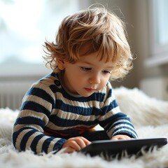 Cute child in her room lying on the sofa plays with an electronic tablet.