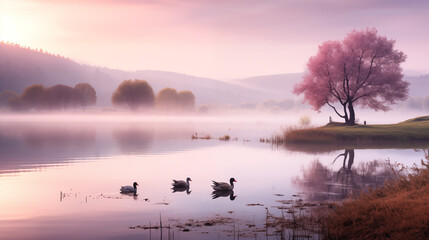 Serene Dawn on Swan Lake: Springtime Reflections, Generative AI illustration