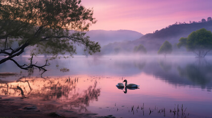 Serene Dawn on Swan Lake: Springtime Reflections, Generative AI illustration
