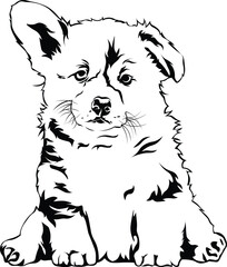 Cartoon Black and White Isolated Illustration Vector Of A Cute Small Fluffy Pet Puppy Dog Sitting Down