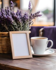 Blank sign with cup of coffee and Lavender Flowers decorate
