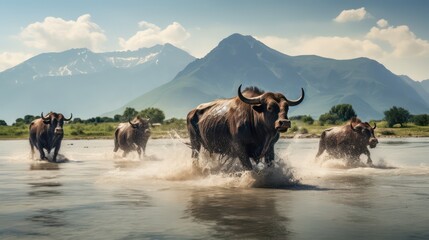 A herd of buffaloes crossing a shallow river - obrazy, fototapety, plakaty