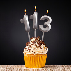 birthday cupcake with number 113 candle - Celebration on dark background
