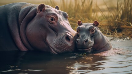 A scene showing a larger hippo gently nudging a smaller one