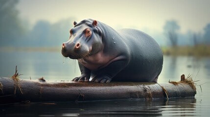 A surprising scene of a hippo balancing itself carefully on a floating log