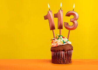 Number 113 birthday candle - Celebration on yellow background