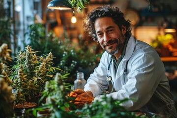 A male botanist in laboratory clothes and a cap takes care of a large cannabis inflorescence, examination and plant selection in a controlled environment. Concept: hemp or marijuana, study and legaliz - obrazy, fototapety, plakaty