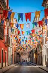 Fototapeta na wymiar Carnaval flags decorations on the empty old city street