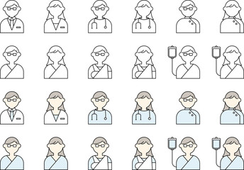 医者　患者　人物　アイコン　イラスト　セット　白衣　ドクター　聴診器　手術着　看護師　骨折 - obrazy, fototapety, plakaty