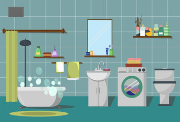 Bathroom interior with shower. Bathtub with curtain, cabinet and mirror, sink and toilet, hygiene items. Vector. For brochures, flyers, prints and furniture stores.