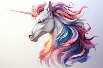 Obraz na płótnie Canvas Unicorn head with multicolor mane in pastel colors, stylized and modern icon illustration on a light background 