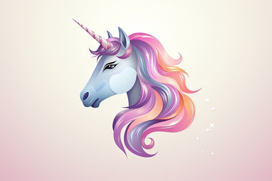 Unicorn head with multicolor mane in pastel colors, stylized and modern icon illustration on a light background
