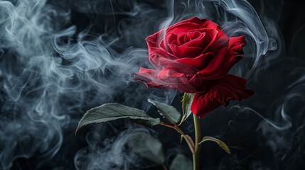 A red rose surrounded by clouds of smoke on a black background. Concept of smoky elegance