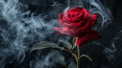 Foto op Canvas A red rose surrounded by clouds of smoke on a black background. Concept of smoky elegance © BraveSpirit