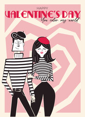Valentine's Day retro greeting card, poster in style of 60s - 70s. Hand drawn Valentine's day people characters. Isolated vector illustration of flirting mime couple. 