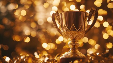 Concept of achievement and success. Gold cup in honor of victory. Winner concept