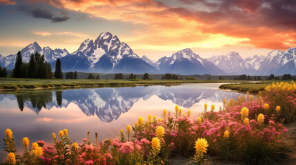 Spring Serenity at Dawn by the Mountain Lake, Generative AI illustration