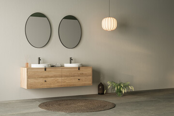 Modern minimalist bathroom interior, bathroom cabinet, double sink, wooden vanity, interior plants,...