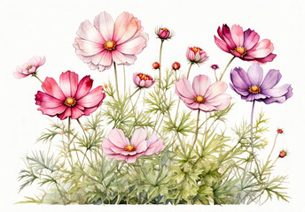 Cosmos flowers wallpaper and white background. Generative ai