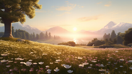 Spring Serenity at Dawn by the Mountain Lake, Generative AI illustration