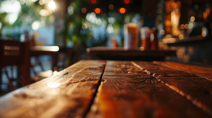 A dark wood table stands in a cafe with a blurred background. Old wooden table with blurred...