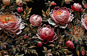 Seamless beautiful embroidery peony flowers pattern on black background. Generative ai