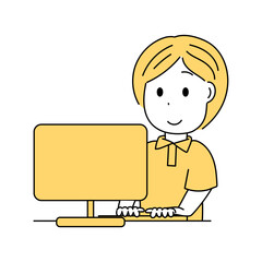 半袖のシャツを着た女性がノートパソコンを操作しているイラスト